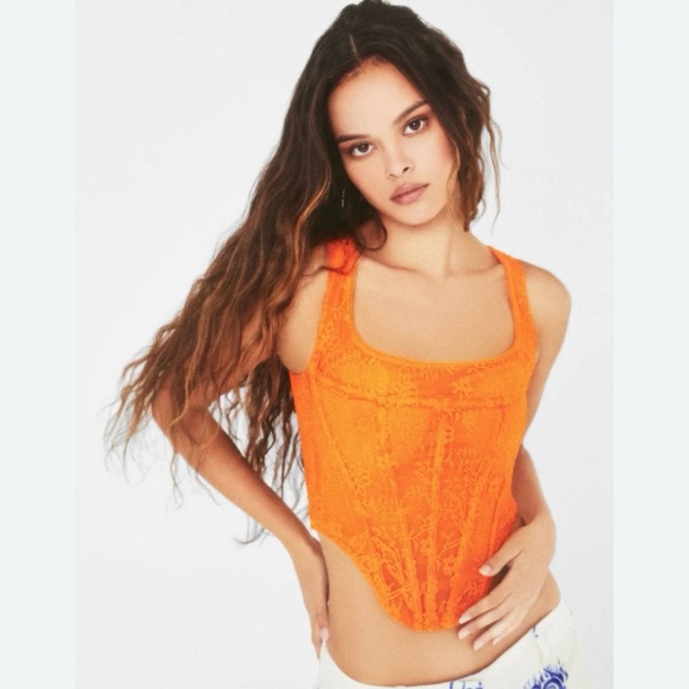 Miaou Campbell Corset Top in Tangerine. Orange Lace with zipper size Small EUC